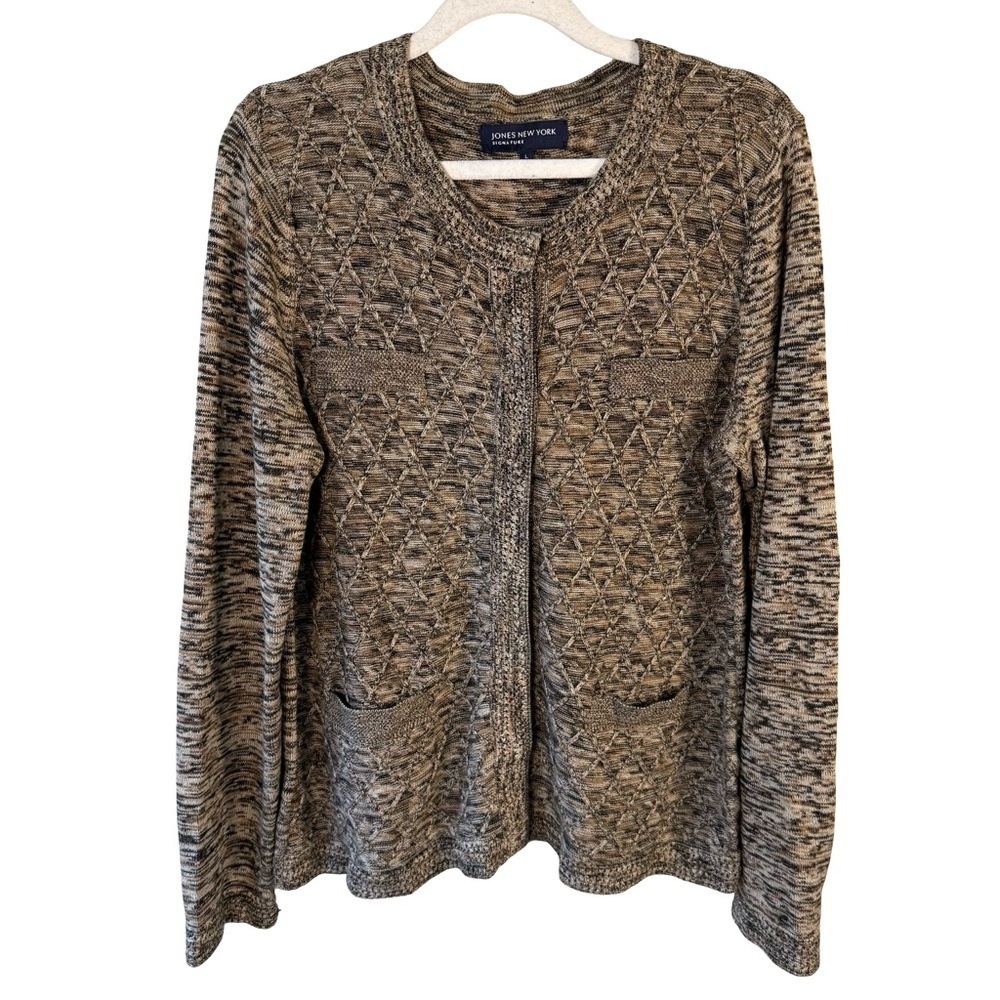 Jones New York Textured Knit Cardigan Sweater in Brown Size L Neutral Cozy